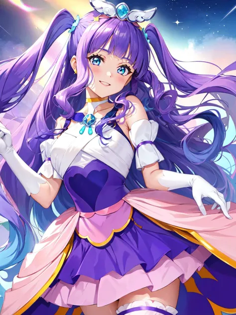masterpiece, best quality, looking at viewer, depth of field, standing, cowboy shot,
1girl, <lora:locon_cure_majesty_01:0.9>, cure majesty, purple hair, two side up, hair ornament, elbow gloves, frilled thighhighs, tiara,
smile, ((gradient background)), lens flare,
