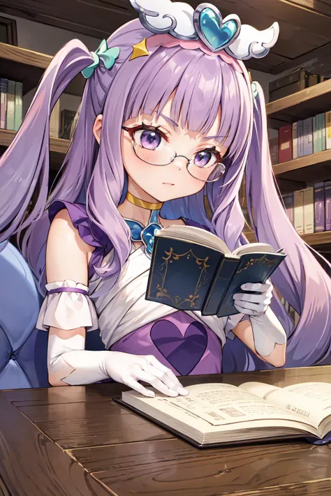 masterpiece,best quality,1girl,cure majesty,purple hair,two side up,hair ornament,tiara,elbow gloves,frilled thighhighs,serious,glasses,(reading,looking down),book,indoors,upper body,<lora:locon_cure_majesty_01:0.9>,<lora:Concept-control tool-add_detail-CyberAIchemist:0.3>,