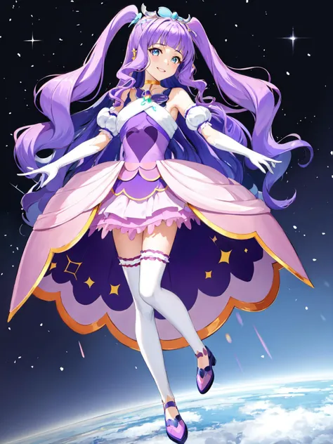 masterpiece, best quality, looking at viewer, depth of field, standing, full body,
1girl, <lora:locon_cure_majesty_01:0.85>, cure majesty, purple hair, two side up, hair ornament, elbow gloves, frilled thighhighs,
smile, ((gradient background)), lens flare,