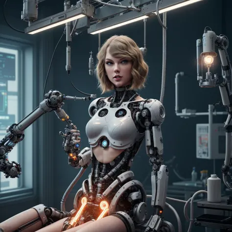 Taylor Swift on cyberpunk operating table with robotic arms in cyberpunk sterile room.,perfect composition,hyperrealistic,super detailed,8k,high quality,trending art,trending on artstation,sharp focus,studio photo,intricate details,highly detailed,