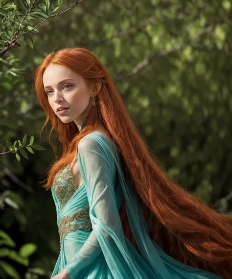 hyperdetailed photo of jp-Tut1a-2000,
"Auburn Grace"
In a grove where olives meet the sky,
Stands a maiden, hair like autumn's fire.
Her gown, azure as the Aegean sea,
Shines as bright as her sun-kissed lyre.