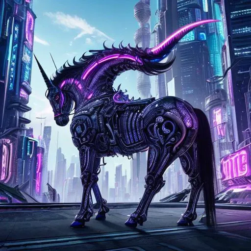 hyperrealistic art breathtaking biomechanical style a (Unicorn horse character, shiny chrome, glossy steel, shiny glossy chrome horn:1.21),<lora:detail_slider_v4:1>,<lora:Background_Detail_v3:1>,full length shot,detailed,(style of cyberpunk, cyberpunk environment, cyberpunk neon city background, shiny advertising signs, neon signs, a futuristic city giant skyscrapers:1.2),. blend of organic and mechanical elements,futuristic,cybernetic,detailed,intricate . award-winning,professional,highly detailed . extremely high-resolution details,photographic,(realism pushed to extreme:1.3),fine texture,incredibly lifelike,