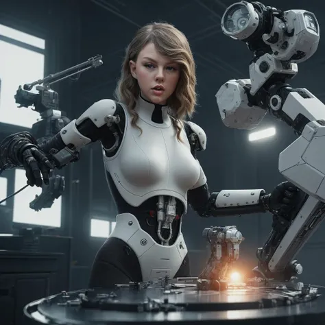 Taylor Swift on cyberpunk operating table with robotic arms in cyberpunk sterile room.,perfect composition,hyperrealistic,super detailed,8k,high quality,trending art,trending on artstation,sharp focus,studio photo,intricate details,highly detailed,