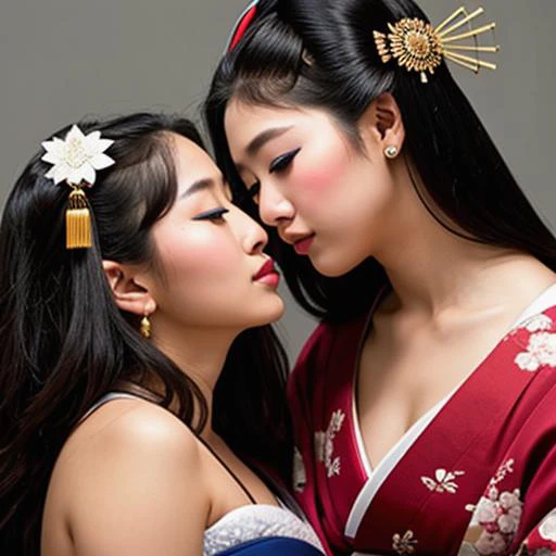 picture of two 20 year old pretty Asian women touching intimately, in love with each other
cinematic 8k epic detailed photograph shot on kodak,detailed faces,makeup,eye liner,lipstick,(geisha makeup:1.3),
realistic, masterpiece, best quality, (detail skin texture, ultra-detailed body:1.1),cinematic (hyperrealism:1.2), (photorealistic:1.2),((( faces in focus))), realistic dark background, detailed background