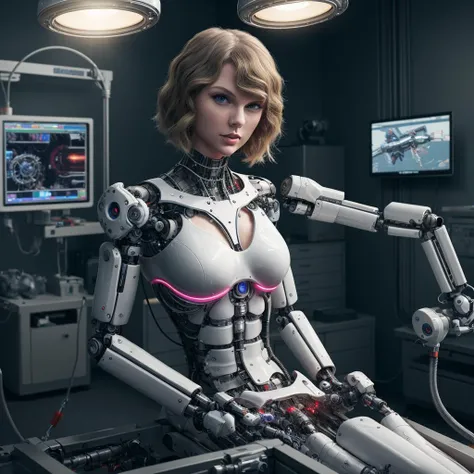 Taylor Swift on cyberpunk operating table with robotic arms in cyberpunk sterile room.,perfect composition,hyperrealistic,super detailed,8k,high quality,trending art,trending on artstation,sharp focus,studio photo,intricate details,highly detailed,
