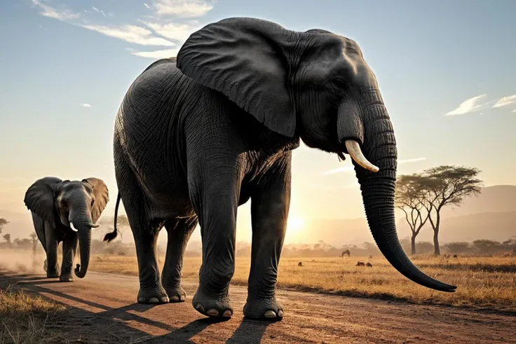 elephant walking, (realistic:1.5), <lora:EdobElephant_v1.0.8>, realistic, (masterpiece:1.3), (best quality:1.3), beautiful, (intricate details), unity 8k wallpaper, ultra detailed, beautiful, aesthetic, perfect lighting, golden hour<lora:add_detail:0.25>