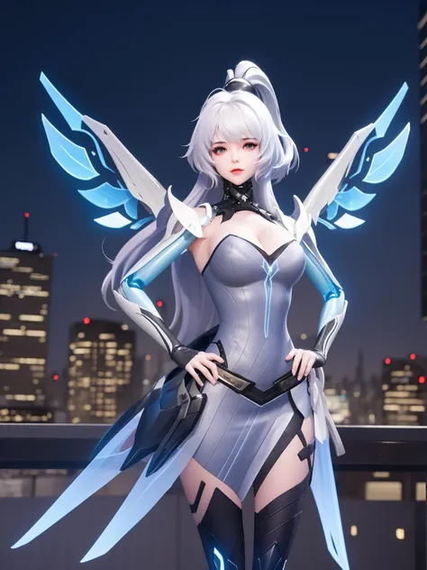WZRYgongsunliJYZX, 1girl, solo, long hair, breasts, thighhighs, white hair, gloves, ponytail,bangs, dress,mechanical wings,drill hair,hair ornament ,cityscape, night,looking at viewer, mature female, hand on hip, <lora:WZRYgongsunliJYZXii:0.75>,cowboy shot,