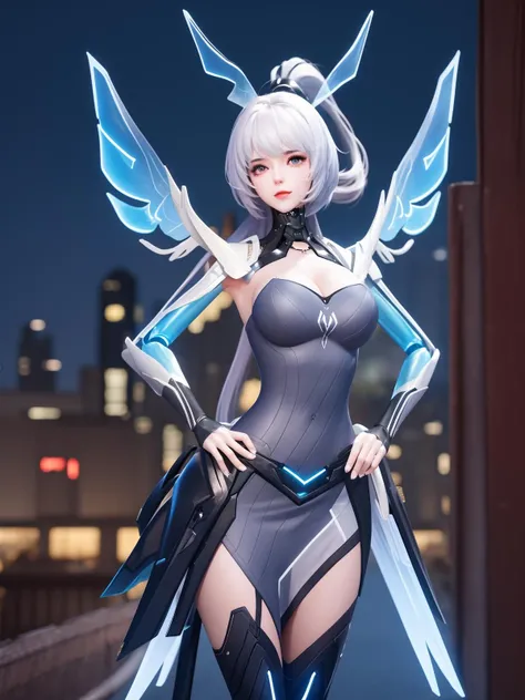 WZRYgongsunliJYZX, 1girl, solo, long hair, breasts, thighhighs, white hair, gloves, ponytail,bangs, dress,mechanical wings,drill hair,hair ornament ,cityscape, night,looking at viewer, mature female, hand on hip, <lora:WZRYgongsunliJYZXii:0.75>,cowboy shot,