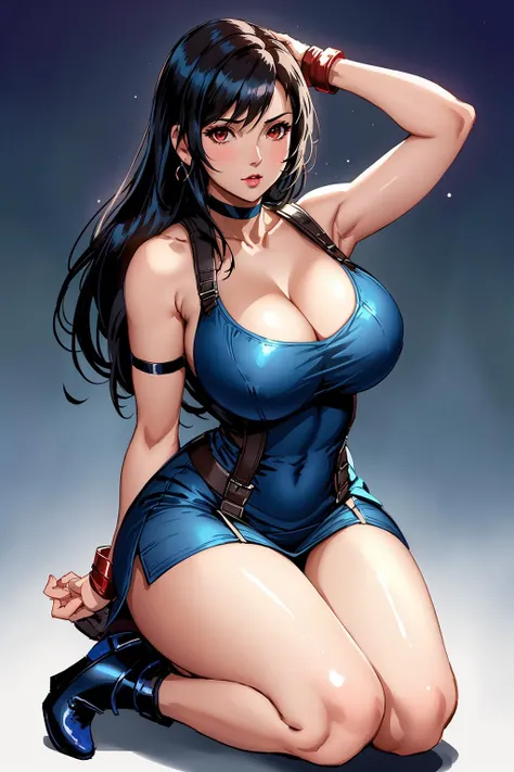 tifa, cleavage, huge breasts, blue dress<lora:fcTifa-V3:1>, choker, bodycon minidress, breasts, face, eyes, vibrant hair, masterpiece, best quality, full body, bending forwards, realistic, looking up at viewer, looking down at subject, heels, hands, fingers, arms down at side