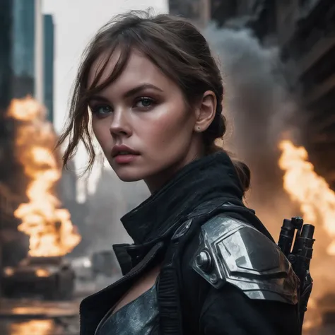 anastasia_shcheglova, <lora:AnastasiaShcheglovaXL:1>, dynamic pose, mechanical arms, cyberpunk cyborg, cyberpunk city, destroyed buildings, fire, smoke, dystopian atmosphere, bladerunner style, battlefield background, ((perfect eyes, detailed eyes,realistic eyes)), (masterpiece, best quality, ultra-detailed, best shadow), high contrast, (best illumination), ((cinematic light)), colorful, hyper detail, dramatic light, intricate details, (1 girl, solo) , ultra detailed artistic photography, dreamy, backlit, shadows, ultra high definition, 8k, ultra sharp focus, ultra high quality model, soft lighting, film photography, analogue photography, hyperrealism,, ((sharp face, detailed face, realistic face, naturtal skin, realistic skin, detailed skin, pores))