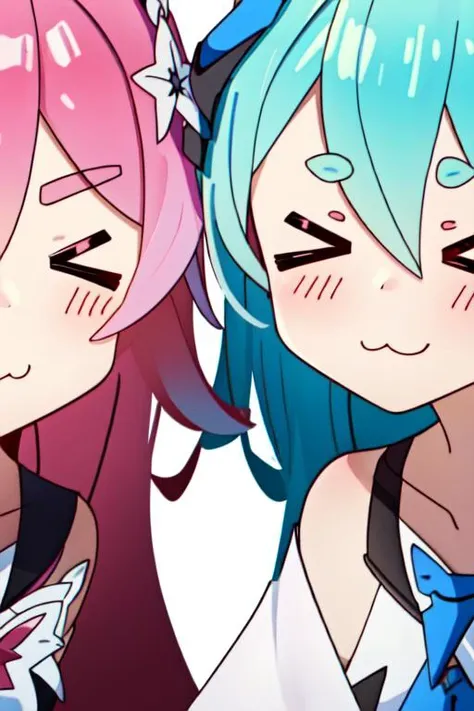 >_<, <lora:v_eyes:1>, closed eyes, simple eyes <lora:lilyaRozaliya328_v10:1>, liliya olenyeva, rozaliya olenyeva, honkai (series), honkai impact 3rd, hands, 2girls, blue hair, collarbone, dot nose, dress, flower, hair between eyes, long hair, looking at viewer, multiple girls, red flower, red rose, rose, tail, thighhighs, <lora:uwu:1>, uwu, ;3, close up