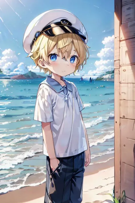 1boy, aoki, blonde hair, masterpiece, ultra detail, male focus, shirt shirt, hat, blue eyes, beach
 <lora:last-000071:0.7>