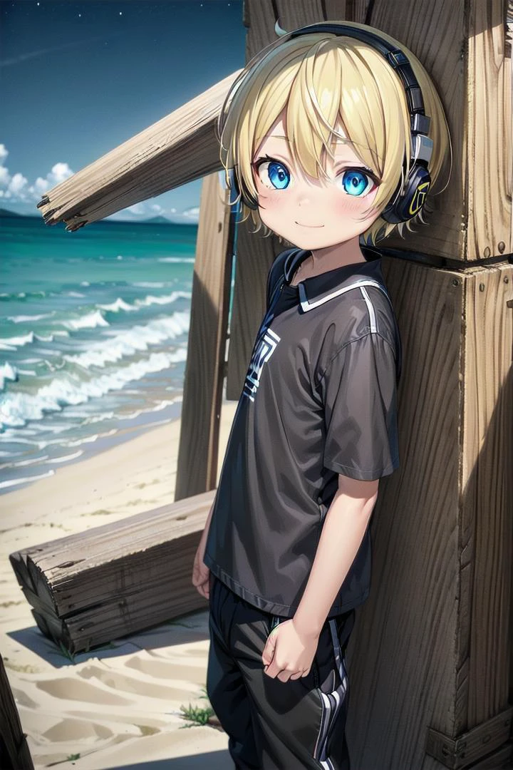 (1boy:1.4), looking at viewer, hair between eyes, highlight in eyes, male focus,
crew cut, (blonde hair), blue eyes, ((masterpiece)), blue headphones, night
multiple details, sky, handsome, medium close up, forest, standing, (t shirt:1.4)
beautiful eyes, delicate features, high light in eyes, smile, triangle chin, whole body, full shot,
petite, young, juvenile, detailed beautiful little boy, adorable boy, sparkling eyes,
ultra detailed eyes, ultra detailed face,
<lora:aoki_sd_v10-000011:0.5> aoki