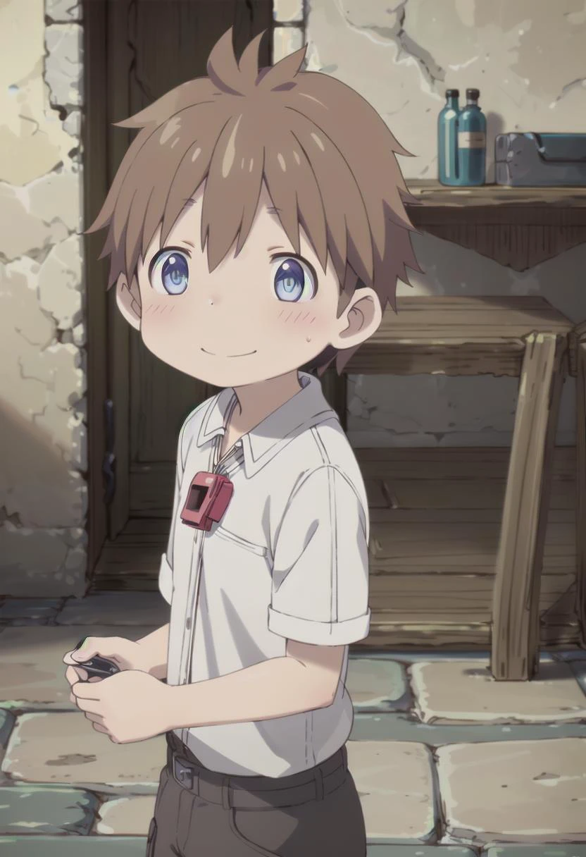 <lora:natsd-000015:0.6>
1boy, mia_nat, standing, beautiful village, male focus,
wearing a (red whistle:1.2) around his neck, outside, low angle
brown hair, blue eyes with a slight purple gradient, smiling,
very short hair, white shirt, energetic eyes, sparkling eyes,
draw it in the style of made in abyss, (straight on:1.2),
The soft lighting and detailed surroundings create an immersive environment where imagination runs wild
hyper-detailed,hyper-detailed face, high quality visuals, dim Lighting, sharply focused, octane render, 8k UHD,
GS-Boyish, GS-Masculine