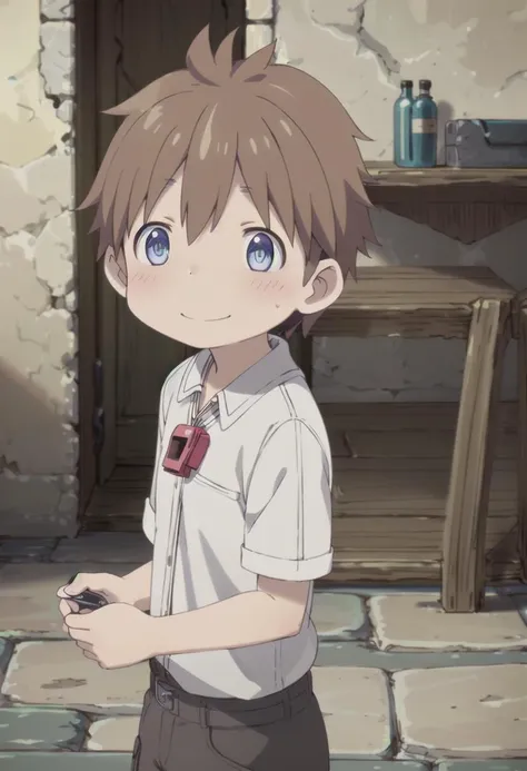 <lora:natsd-000015:0.6>
1boy, mia_nat, standing, beautiful village, male focus,
wearing a (red whistle:1.2) around his neck, outside, low angle
brown hair, blue eyes with a slight purple gradient, smiling,
very short hair, white shirt, energetic eyes, sparkling eyes,
draw it in the style of made in abyss, (straight on:1.2),
The soft lighting and detailed surroundings create an immersive environment where imagination runs wild
hyper-detailed,hyper-detailed face, high quality visuals, dim Lighting, sharply focused, octane render, 8k UHD,
GS-Boyish,  GS-Masculine