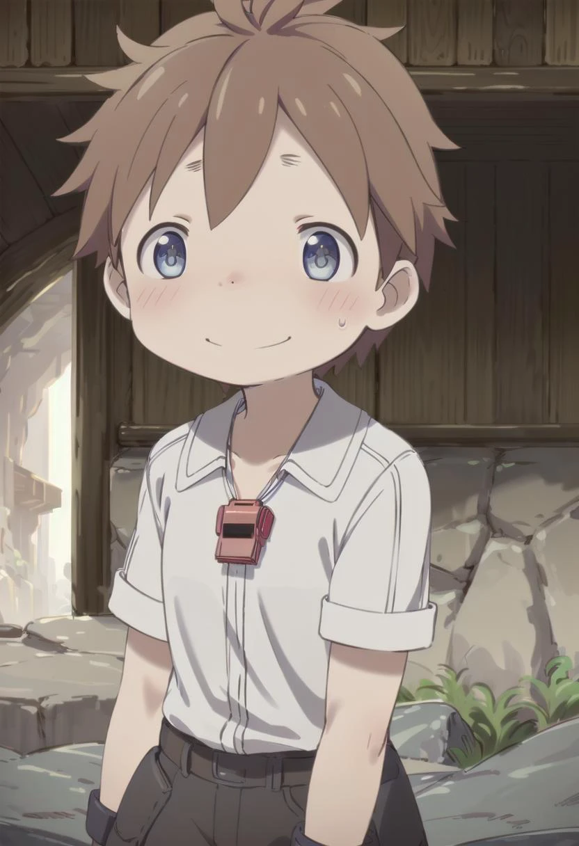 <lora:natsd-000015:0.6>
1boy, mia_nat, standing, beautiful village, male focus,
wearing a (red whistle:1.2) around his neck, outside, low angle
brown hair, blue eyes with a slight purple gradient, smiling,
very short hair, white shirt, energetic eyes, sparkling eyes,
draw it in the style of made in abyss, (straight on:1.2),
The soft lighting and detailed surroundings create an immersive environment where imagination runs wild
hyper-detailed,hyper-detailed face, high quality visuals, dim Lighting, sharply focused, octane render, 8k UHD,
GS-Boyish, GS-Masculine