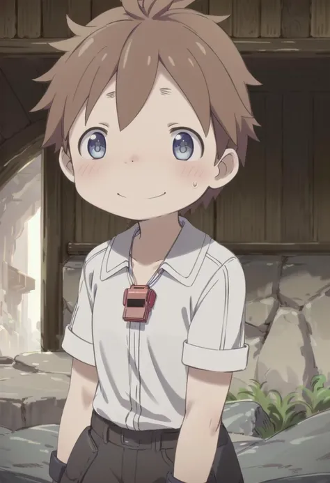 <lora:natsd-000015:0.6>
1boy, mia_nat, standing, beautiful village, male focus,
wearing a (red whistle:1.2) around his neck, outside, low angle
brown hair, blue eyes with a slight purple gradient, smiling,
very short hair, white shirt, energetic eyes, sparkling eyes,
draw it in the style of made in abyss, (straight on:1.2),
The soft lighting and detailed surroundings create an immersive environment where imagination runs wild
hyper-detailed,hyper-detailed face, high quality visuals, dim Lighting, sharply focused, octane render, 8k UHD,
GS-Boyish,  GS-Masculine