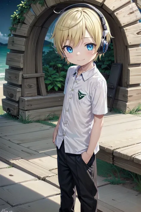 (1boy:1.4), looking at viewer, hair between eyes, highlight in eyes, male focus,
crew cut, (blonde hair), blue eyes, ((masterpiece)), blue headphones, night
multiple details, sky, handsome, medium close up, (forest:1.2), standing, (polo shirt:1.4)
beautiful eyes, delicate features, high light in eyes, smile, triangle chin, whole body, full shot,
ite, young, juvenile, detailed beautiful lity, adorable boy, sparkling eyes,
ultra detailed eyes, ultra detailed face,
<lora:aoki_sd_v10-000011:0.5> aoki