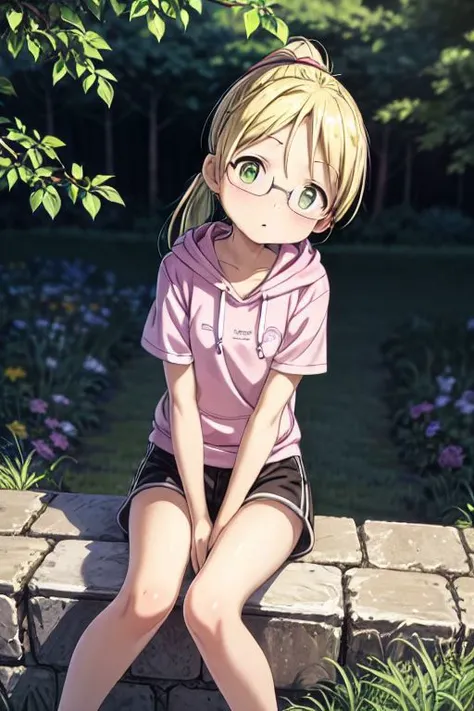 Masterpiece, 1girl, (Riko), glasses, blonde hair, green eyes,flat chest, thin body, thin arms, head tilt, looking at viewer, outdoors, sitting on sidewalk, pink hoodie, black mini shorts, ponytail, bublegum, looking down, looking at viewer, sneakers, from below, straddling, pov, park, <lora:more_details:0.7>
