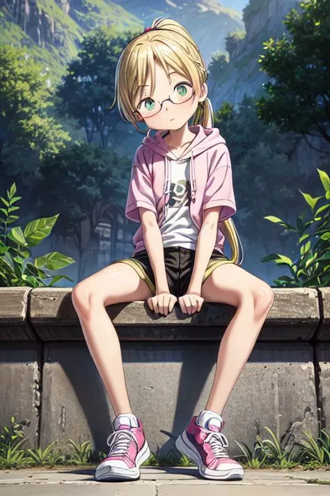Masterpiece, 1girl, (Riko), glasses, blonde hair, green eyes,flat chest, thin body, thin arms, head tilt, looking at viewer, outdoors, sitting on sidewalk, pink hoodie, black mini shorts, ponytail, bublegum, looking down, looking at viewer, sneakers, from below, straddling, pov, park, <lora:more_details:0.7>