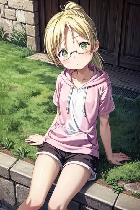 Masterpiece, 1girl, (Riko), glasses, blonde hair, green eyes,flat chest, thin body, thin arms, head tilt, looking at viewer, outdoors, sitting on sidewalk, pink hoodie, black mini shorts, ponytail, bublegum, looking down, looking at viewer, sneakers, from below, straddling, pov, park, <lora:more_details:0.7>