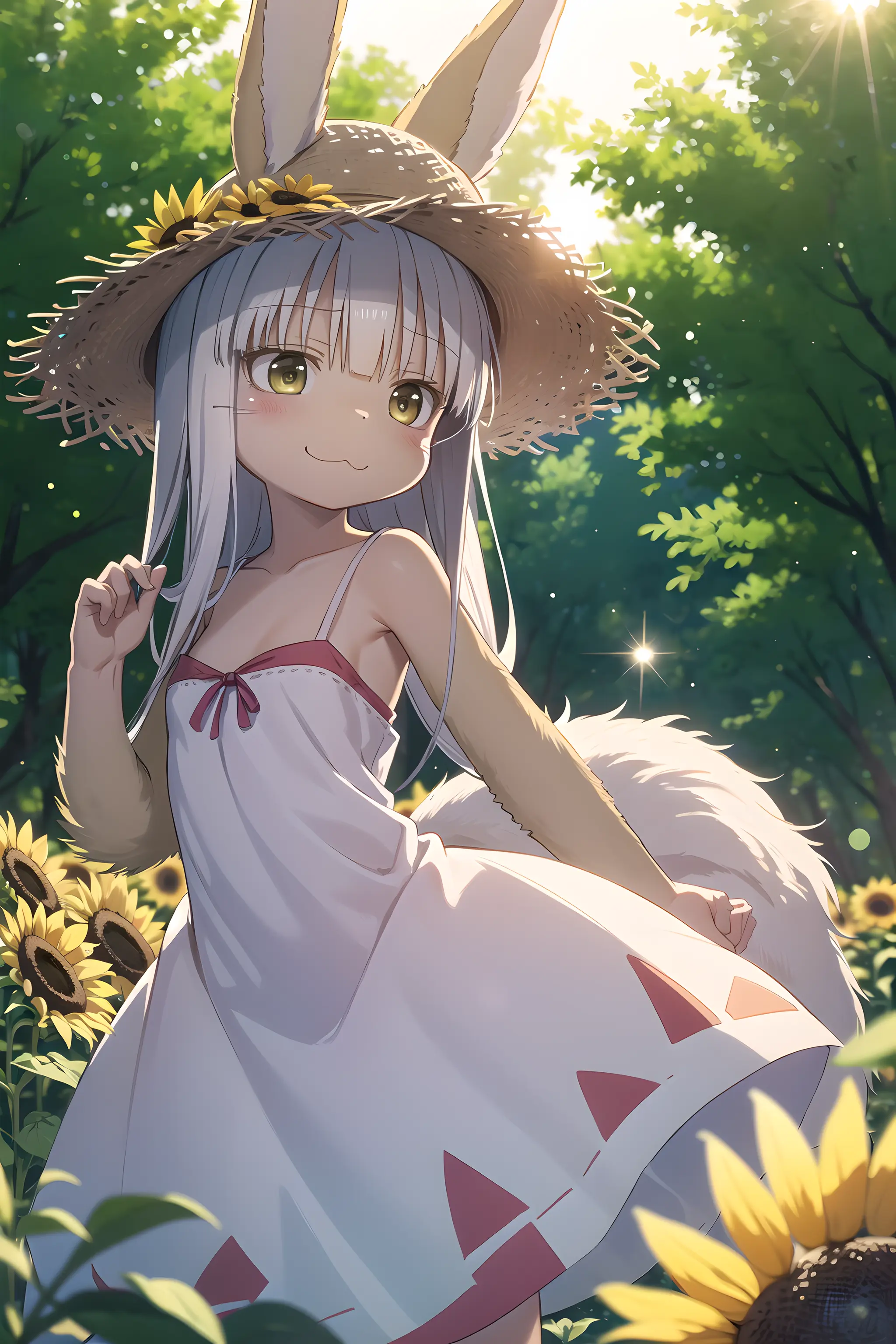 Masterpiece, (Nanachi), :3,summer dress, summer hat, sunflowers, cowboy shot, fluffy, posing, in nature, beautifully detailed scene, trees, natural volumetric lighting, lens flare,
