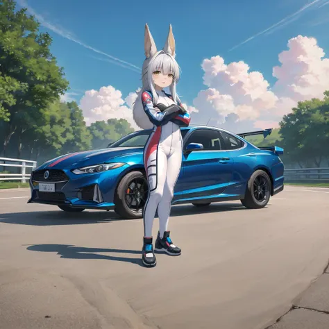 Nanachi,{Racing suit}, ((masterpiece, best quality)),extremely_detailed_wallpaper, illustration,1girl,(girl:1),standing, solo, (fullbody),(((girl stand in front of car))),skyliner34, car , <lora:skylineR34-000014:0.9>