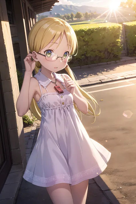 Masterpiece, 1girl, (Riko), shift dress, red whistle, glasses, cowboy shot, abyss, Orth, outside, summer, lens flare, perfect lighting, hair flow, sun,