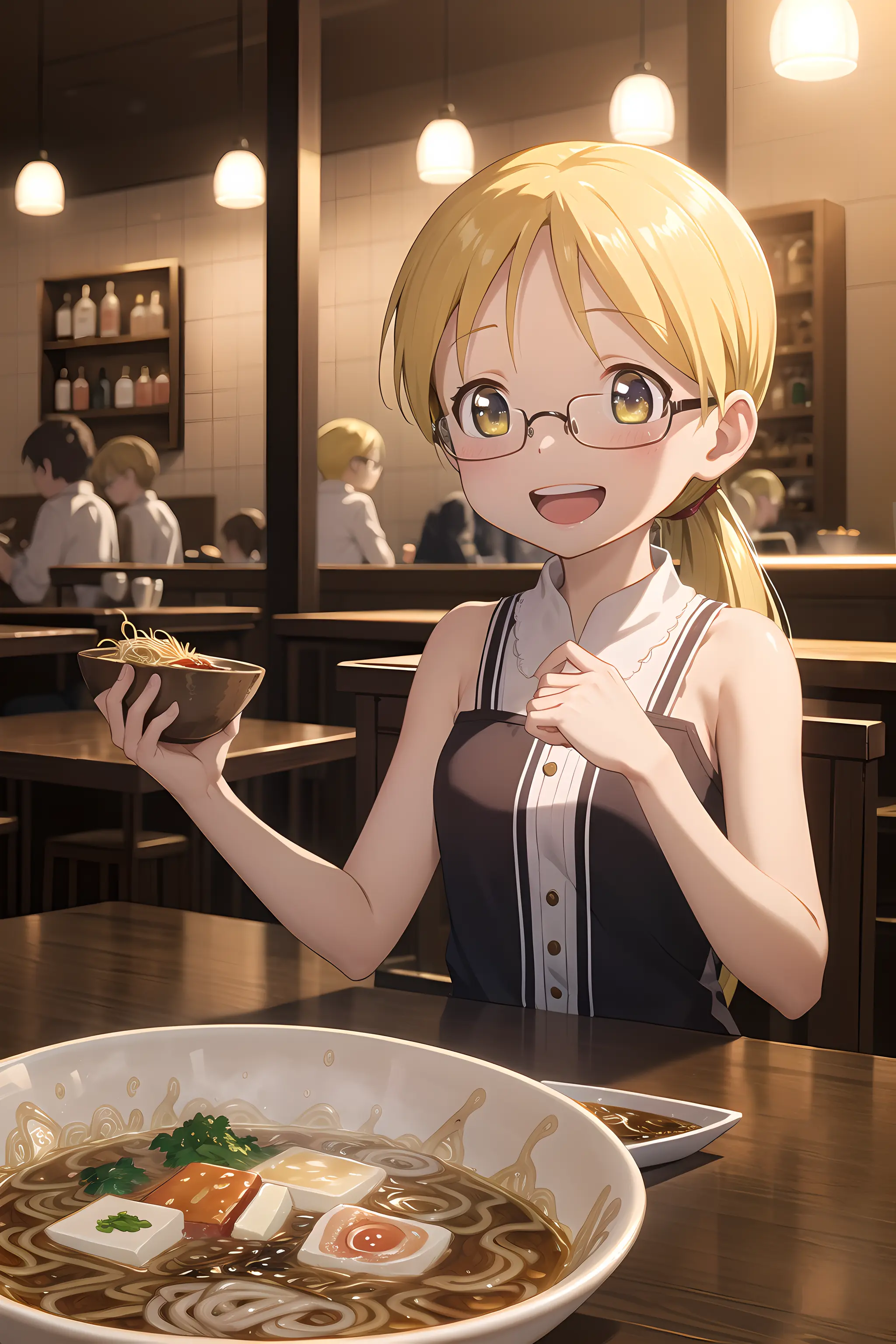 Masterpiece, small breasts, (Riko), glasses, volumetric lighting, :D , dramatic lighting, restaurant , table, pov, customers, reflective floor, tiled floor, lights, Ramen, close-up, character focus, serving_ramen,