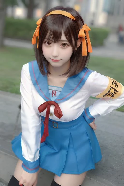 best quality, professional lighting, super detailed, realistic, beautiful detailed face eyes, <lora:yjk:0.8> 1girl, 20 yo,(bent over), looking at viewer <lora:HaruhiSerafukuV1.2:0.8> haruhi_srf, white long sleeves shirt and blue collar, blue skirt, red ribbon tie, yellow ribbon, red arm band on left arm, black socks