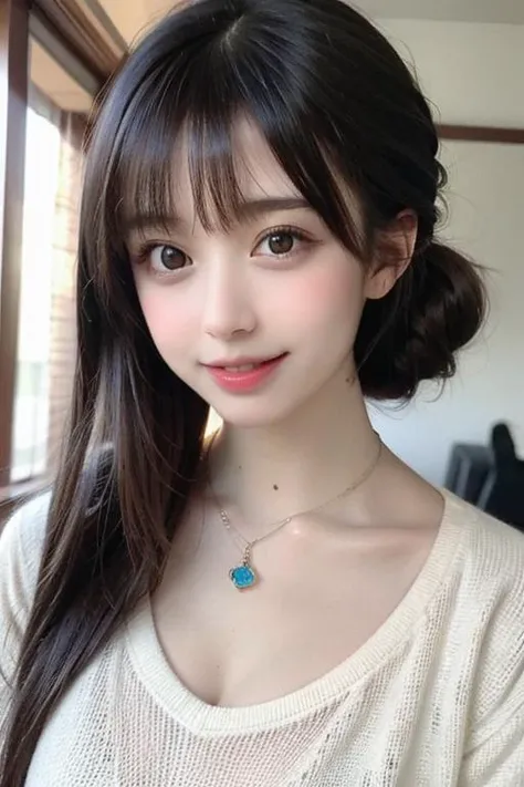 masterpiece,realistic, ((1girl)),8k,raw,facial,school uniform, cute,brown eyes, ,perfect lips,Super detailed illustration, very beautiful & cute girl, highly detailed beautiful face and eyes,brown hair,necklace,upper body, (((light smile))),looking at viewer, (short ponytail),<lora:yjk:0.8>