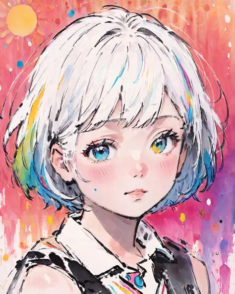 (solo),((child,very young,child,cute face)),((small_breasts)),(((detailed anima face))),((beautiful detailed face)),collar,upper body,
white hair,((colorful hair)),((streaked hair)),
beautiful detailed eyes,(colorful background),(((surround by splash ink and colorful dot))),
traditional ink painting,<lora:traditional_ink_painting:0.65>,