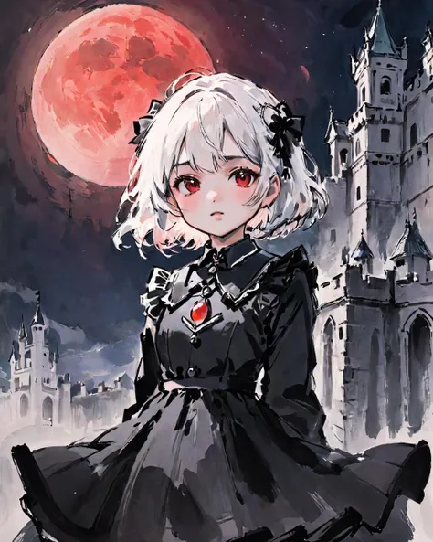 ((masterpiece))),(((best quality))),((ultra-detailed)),(illustration),(dynamic angle),
((floating)),(paint),((disheveled hair)),
(solo),(1girl),little girl,small breast,(((detailed anima face))),((beautiful detailed face)),collar,(((gothic, lolita_fashion, gothic_lolita))),
((white hair)),((streaked hair)),
beautiful detailed eyes,(red eyes),
(((detailed castle))),(((high saturation))),((best shadow)),((night,red moon,blood on face,blood on cloths,splash blood)),arms behind back,
((young,cute,clear face)),
traditional ink painting,<lora:traditional_ink_painting:0.65>,