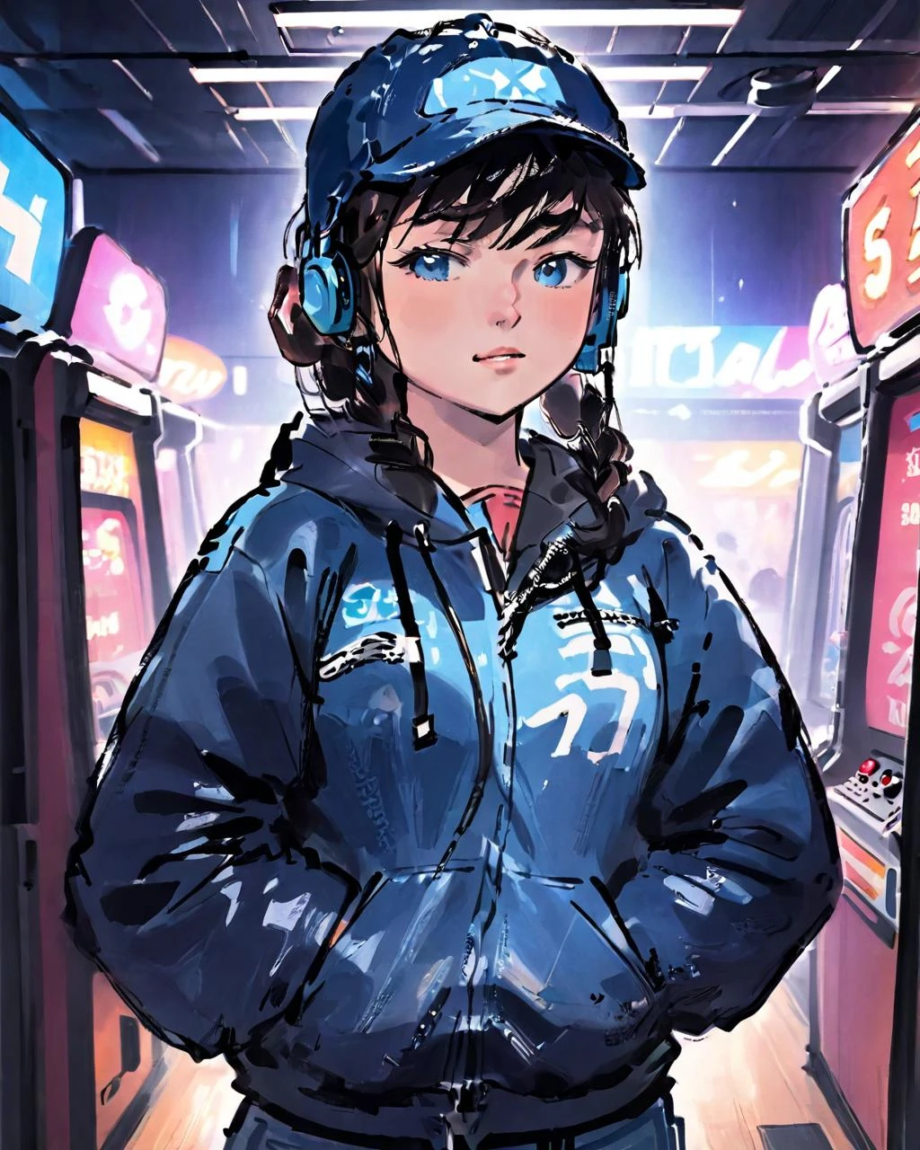 ((masterpiece)),(((best quality))),((illustration)),(depth of field:1.2),
solo,dynamic angle,(1 girl:1.3),bangs,headphones,blue eyes,black hair,(disheveled hair),Baseball cap,(jacket|hoodie),jeans,thigh strap,hands in pocket,cowboy shot,
Moody Lighting,(arcade games:1.1),(Game Center:1.5),(Game Hall:1.1),(backlight:1.3),intricate detail,cyberpunk,slot machine,claw crane game machine,(crowd:1.1),
(Pixel particles exploding:1.2),
traditional_ink_painting,<lora:traditional_ink_painting-000007:1>,