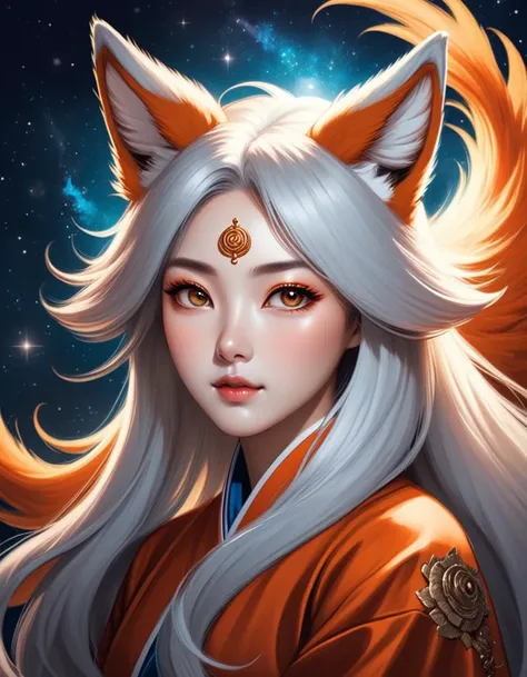 Kumiho (Korean Nine-Tailed Fox), (hyperrealistic facial features:1.3), Celestial comet, radiant light, dreamy atmosphere, cosmic colors, stardust