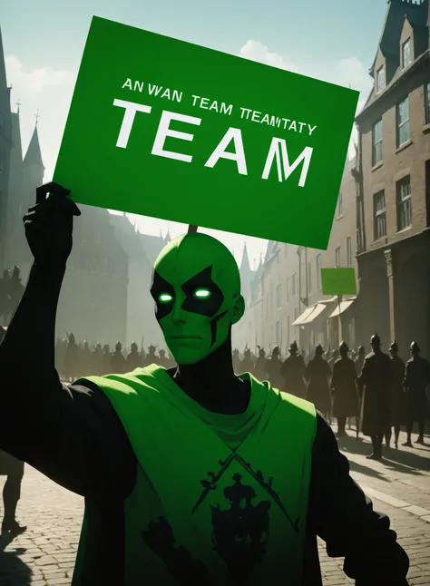 (masterpiece, best quality, ultra-detailed, best shadow), (detailed background, dark fantasy), (beautiful detailed face), high contrast, (best illumination, an extremely delicate and beautiful), ((cinematic light)), CEO of CivitAi, outdoors, protesting inequality, dutch angle, animated, flat color, ultra sharp, holding a sign that says GREEN TEAM ONLY