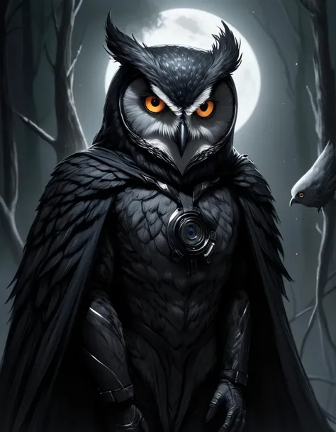 Owlman (Cryptid), (hyperrealistic facial features:1.3), Weightless suspension, zero gravity, floating elements, serene tranquility, boundless space