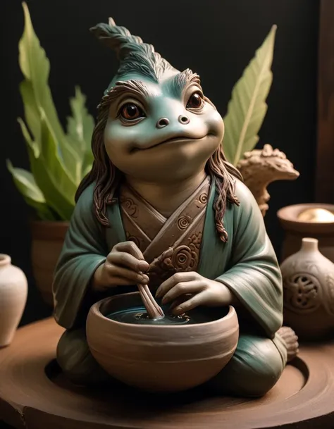 Kappa (Japanese River Creature), (hyperrealistic facial features:1.3), Potter's workshop, spinning wheel, clay shapes, artistic hands, earthy creations.