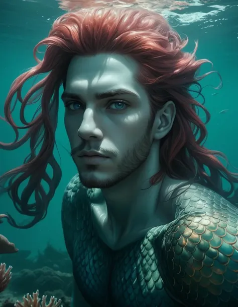 Mermaid/Merman, (hyperrealistic facial features:1.3), Infrared imagery, false-color palette, otherworldly vision, surreal perspective, hidden details