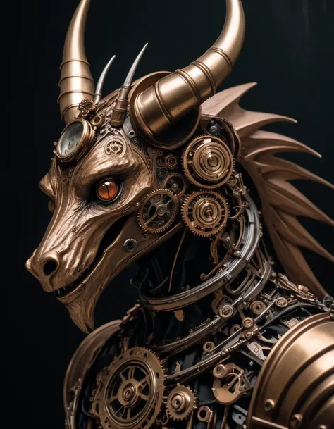 Jersey Devil, (hyperrealistic facial features:1.3), Clockwork machinery, intricate gears, steampunk aesthetic, brass and copper, mechanical marvels