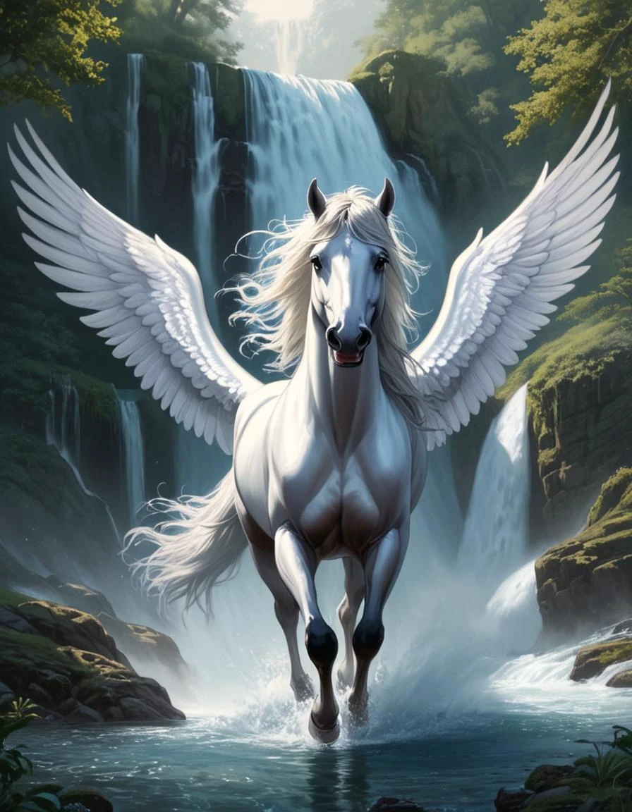 Pegasus (Winged Horse), (hyperrealistic facial features:1.3), Flowing water, cascading waterfall, refreshing mist, natural beauty, serene landscape
