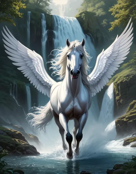 Pegasus (Winged Horse), (hyperrealistic facial features:1.3), Flowing water, cascading waterfall, refreshing mist, natural beauty, serene landscape