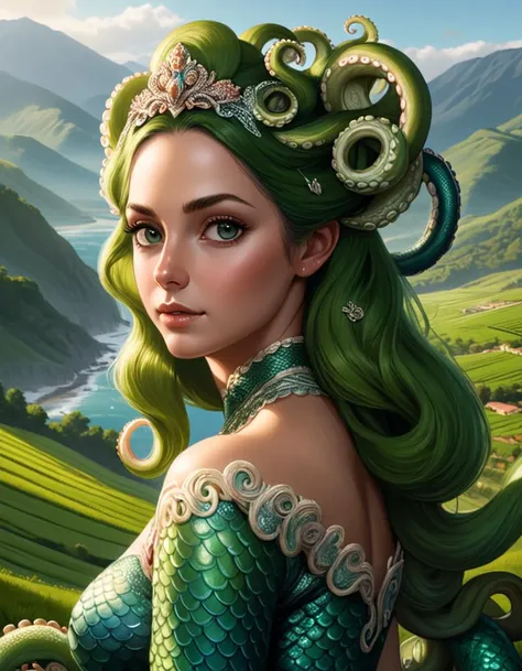 Cecaelia (Octopus Mermaid), (hyperrealistic facial features:1.3), Verdant terraced fields, stepped agriculture, mountain views, crop plateaus, rural patterns.