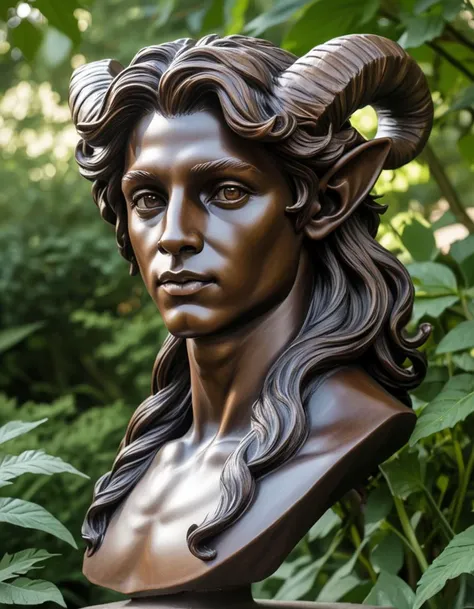 Faun, (hyperrealistic facial features:1.3), Sculpture garden, artistic masterpieces, timeless beauty, harmonious blend, nature and art