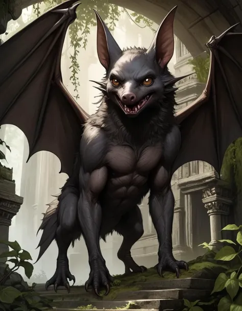 Ahool (Giant Bat Cryptid), (hyperrealistic facial features:1.3), Ancient temple, overgrown vines, forgotten civilization, weathered stone, hidden secrets