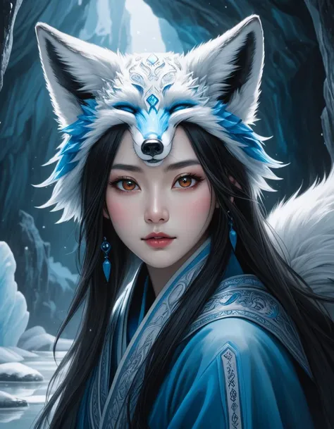 Huli Jing (Chinese Fox Spirit), (hyperrealistic facial features:1.3), Ice cavern, frosty atmosphere, glacial formations, crystal reflections, cold blue hues