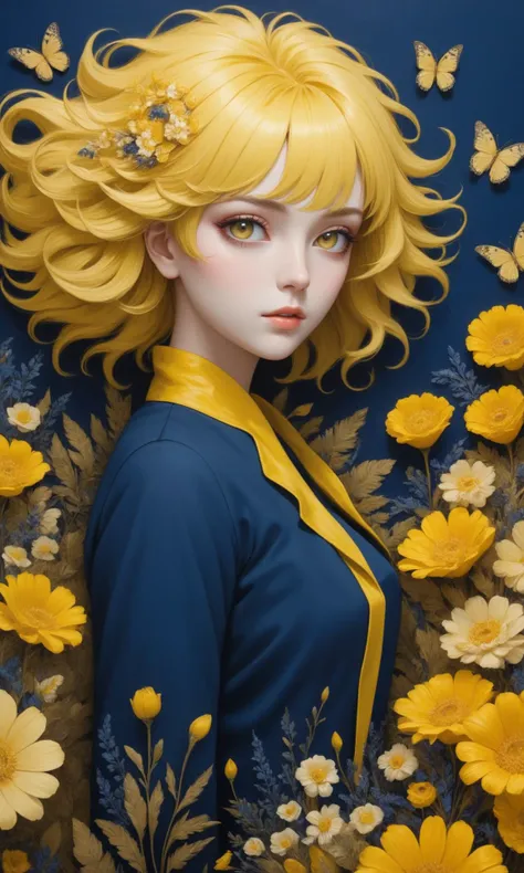 (masterpiece, best quality, ultra detailed), intricate details, A wall art painting with yellow hair made of real Flowers in navy blue, beige and surreal yellow colors