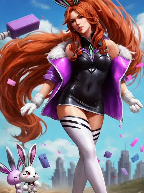 (battle bunny miss fortune), miss fortune \(league of legends\), by jeremy mann, by sandra chevrier, by dave mckean and richard avedon and maciej kuciara, high detailed, 8k, league of legends, absurdres, highres, full body, 1girl, 1girls, female, female focus, female only, solo, (((smug))), (((hands behind back))), (((arms behind back))), orange hair, very long hair, big breasts, dress, layered dress, layered clothes, black and white dress, short dress, pink and white bunny ears, bunny ears, pink and white mini jacket, (mini jacket), bare shoulders, bare thighs, bodysuit, fingerless gloves, freckles, painted nails, looking at viewer, red eyes, thick thighs, ponytail, (white thighhighs), thighs, tight clothing
