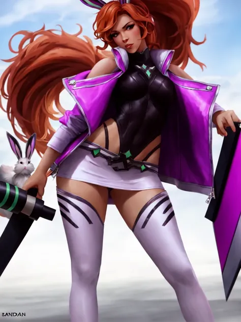 (battle bunny miss fortune), miss fortune \(league of legends\), by jeremy mann, by sandra chevrier, by dave mckean and richard avedon and maciej kuciara, high detailed, 8k, league of legends, absurdres, highres, full body, 1girl, 1girls, female, female focus, female only, solo, (((smug))), (((hands behind back))), (((arms behind back))), orange hair, very long hair, big breasts, dress, layered dress, layered clothes, black and white dress, short dress, pink and white bunny ears, bunny ears, pink and white mini jacket, (mini jacket), bare shoulders, bare thighs, bodysuit, fingerless gloves, freckles, painted nails, looking at viewer, red eyes, thick thighs, ponytail, (white thighhighs), thighs, tight clothing