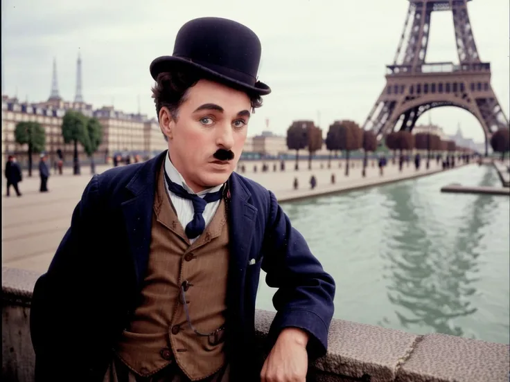 <lyco:Charlie Chaplin_v1.0:1> Charlie Chaplin, posing in paris, eifel tower in the background, sharp, bokeh, candid shot, realistic, film grain, colorized, vivid colors, side view